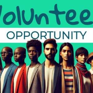 Diverse group of volunteers standing together against a teal background with "Volunteer Opportunity" written above them.