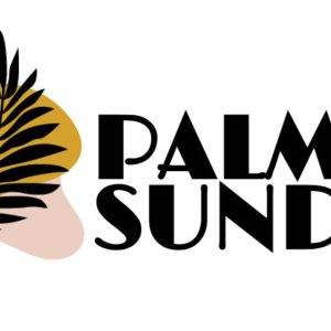 Illustrated Palm Sunday graphic with black palm leaf on artistic yellow and pink shapes.