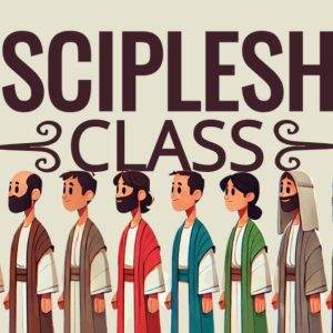 Animated characters in traditional clothing lining up for a discipleship class.