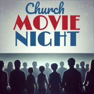 Congregation gathering for church movie night with large screen