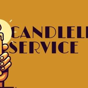 Hand holding a lit candle with the words 'Candlelight Service' on an orange background.