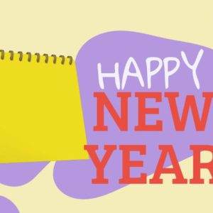 Colorful New Year greeting card with a yellow spiral notebook