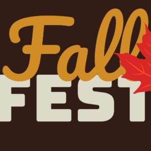 Fall Fest graphic with bold lettering and a vibrant red autumn leaf