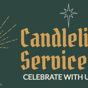 Candlelight service invitation with star and lit candle on dark green background