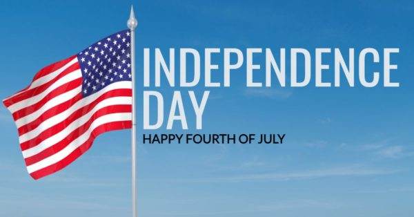 American flag waving under a clear blue sky with text celebrating Independence Day and Fourth of July.