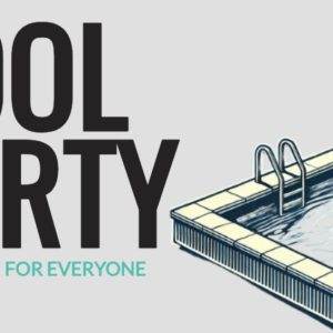 Pool party invitation featuring a swimming pool illustration and the text 'Summer Fun for Everyone'.