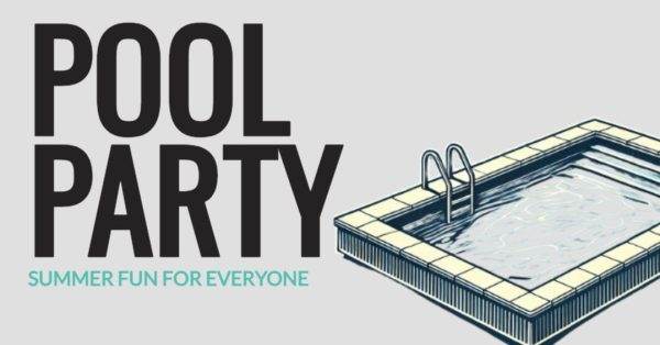 Pool party invitation featuring a swimming pool illustration and the text 'Summer Fun for Everyone'.