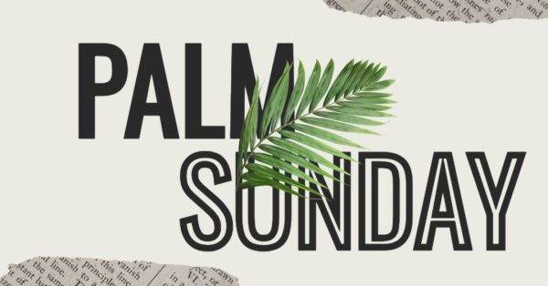 Palm Sunday graphic with a green palm leaf over bold black text.