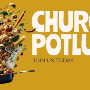 Vibrant church potluck invitation with a skillet of diverse foods.