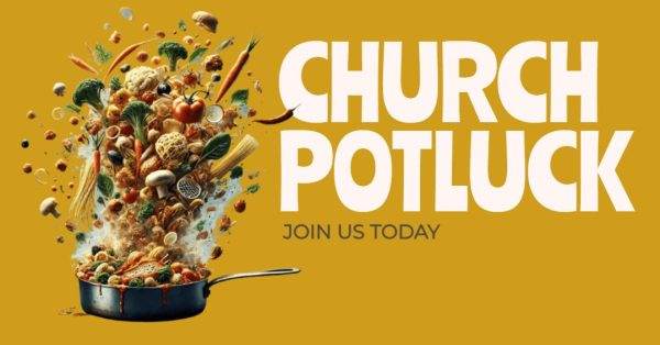 Vibrant church potluck invitation with a skillet of diverse foods.