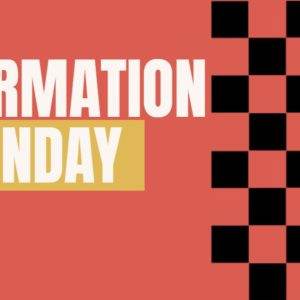 Reformation Sunday graphic with bold white and yellow text and a black checkered pattern on a red background