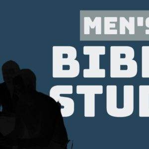 Men's Bible study group silhouetted against a blue background.