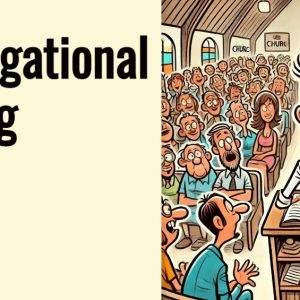 Cartoon depiction of a congregational meeting in a church filled with attentive members.