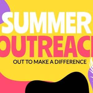 Vibrant Summer Outreach banner with colorful abstract shapes and palm fronds.