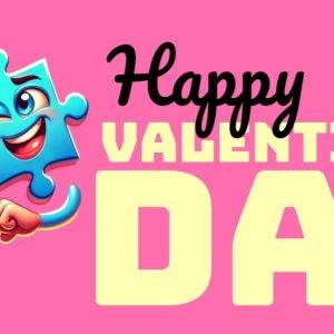 Two smiling puzzle pieces holding hands with 'Happy Valentine's Day' text on a pink background.