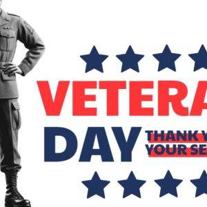 Soldier saluting with Veterans Day thank you for your service message and stars background