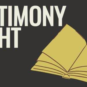 Testimony Night flyer featuring an open book illustration