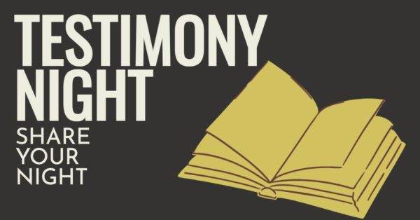 Testimony Night flyer featuring an open book illustration