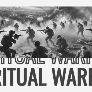 Soldiers engaged in intense combat portrayed in black and white with 'Spiritual Warfare' text overlay.