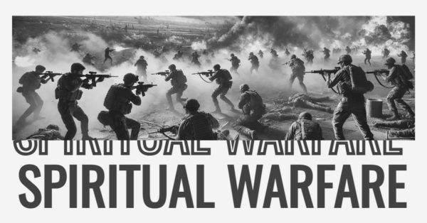 Soldiers engaged in intense combat portrayed in black and white with 'Spiritual Warfare' text overlay.