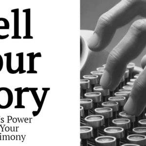 Hands typing on a vintage typewriter next to text encouraging storytelling.