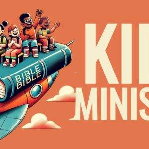 Illustrated kids riding a rocket-shaped Bible with large text saying Kids Ministry.