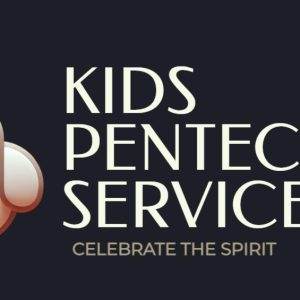 Illustration of a dove with a flame above its head next to text reading Kids Pentecost Service, celebrating the spirit.