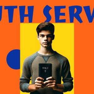 Teen holding a Bible against a yellow background with "Youth Service" text.