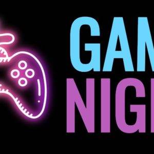 Glowing neon game controller and 'Game Night' text in vibrant colors