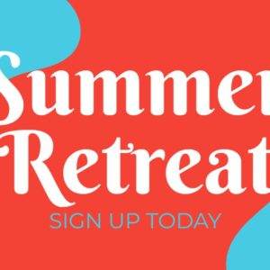 Bold "Summer Retreat" text with "Sign Up Today" call to action on a vibrant red and blue background.