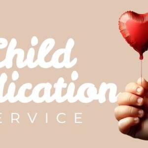 Child Dedication Service announcement featuring a baby's hand holding a red heart-shaped balloon.