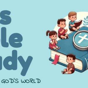 Children engaging in a Bible study with a book and magnifying glass illustration