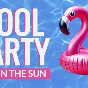 Inflatable pink flamingo float in a pool with "Pool Party Fun in the Sun" text