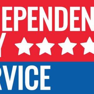 Independence Day Service banner with red, white, and blue theme and five white stars.