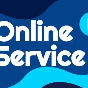 Join Us for Online Service banner with bold white text, a play button icon, and fluid blue wave design.