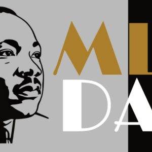 Illustration of Martin Luther King Jr. with "MLK Day" text in bold letters.