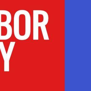 Labor Day celebration banner with bold white text on a red background and a construction worker's tool belt.