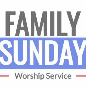 Family Sunday worship service banner with blue and gray accents