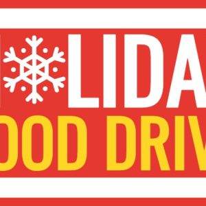 Holiday food drive banner with festive snowflake design.