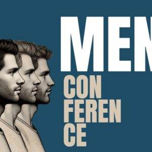 Four men looking forward with “Men's Conference” text on a blue background.