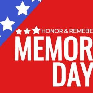 Patriotic Memorial Day banner with stars and red, white, and blue design.