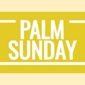 Palm Sunday celebration banner with green tropical leaves and yellow background