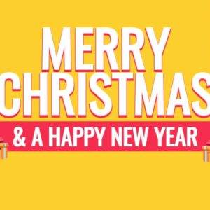 Bright yellow Christmas banner with hanging gifts and "Merry Christmas & A Happy New Year" text in bold.