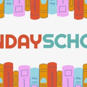 Bright Sunday School banner with colorful book illustrations and bold typography.