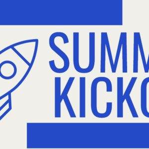 Blue rocket icon next to bold "Summer Kickoff" text on a white background.