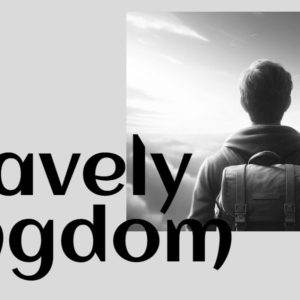 Person with a backpack standing on the edge of clouds, titled "Heavenly Kingdom".