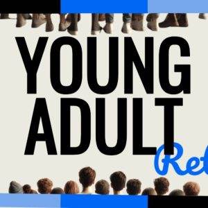 Young Adult Retreat promotional banner with group of people and bold text design.