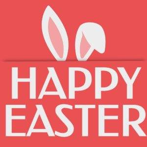 Happy Easter graphic with bunny ears on a red background