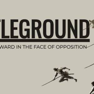 Illustrative design of warriors charging forward with the word "BATTLEGROUND" above them.