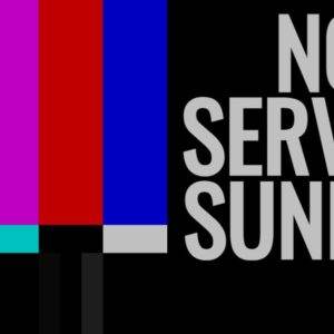 Colorful television bars signal with "No Service Sunday" text on a black background.